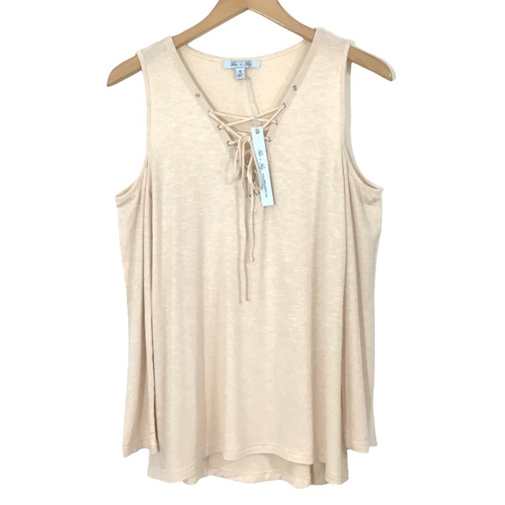 She & Sky Cold Shoulder Top Size S Lace Up V-Neck Long Sleeves Cream New NWT